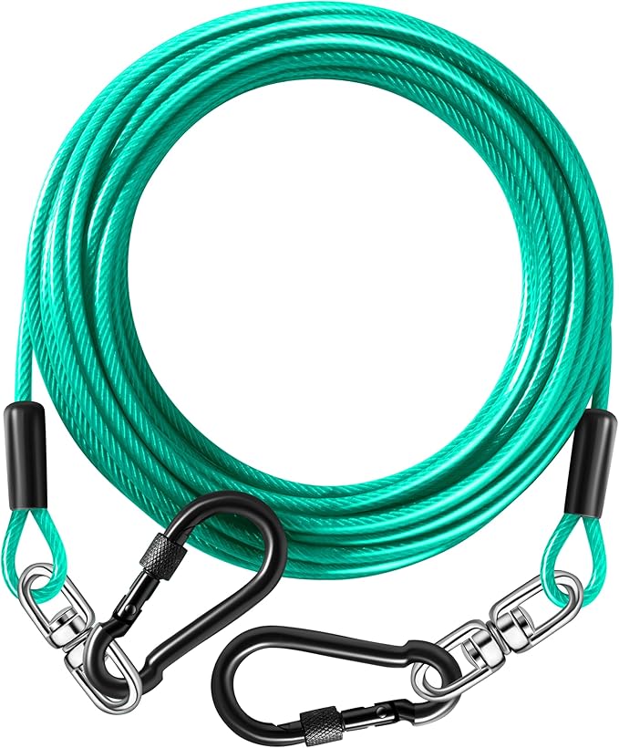 Dog Tie Out Cable 20FT-500Lbs,Heavy Duty Dog Leads&Tether for Yard with Swivel Hook,Small Large Dogs Leash Line for Outside,Rust Chew Proof Dogs Run Cable for Outdoor Camping (Green Cyan, 20FT)