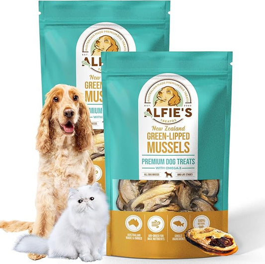 ALFIE'S TREATOS Green Lipped Mussels for Dogs & Cats (5.3 oz, 2x2.65 oz), Value Bundle, Air-Dried Dog Treats, Natural Supplement & Omega-3 Food Topper, Single Ingredient, Freeze-Dried Alternative