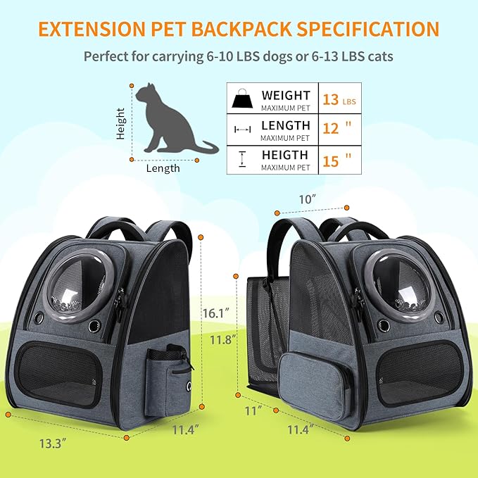 Expandable Cat Carrier Backpack with Transparent Bubble Window, Breathable Mesh Travel Bag, Portable Space Capsule Design with Foldable Dogs Carrier for Pets