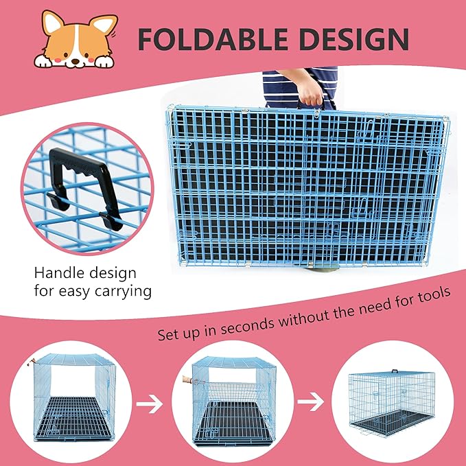 FDW Dog Crate for Large Dogs 48 Inch Folding Metal WirePet Cage Double Door W/Divider Panel Indoor Outdoor Kennel Leak-Proof Plastic Tray,Blue