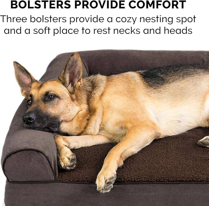 Furhaven Cooling Gel Dog Bed for Large Dogs w/ Removable Bolsters & Washable Cover, For Dogs Up to 95 lbs - Sherpa & Chenille Sofa - Coffee, Jumbo/XL