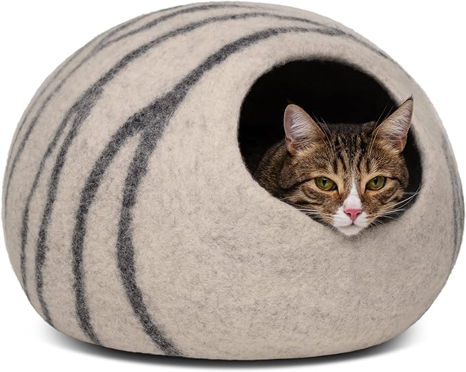 MEOWFIA Cat Cave – Premium Felt Cat Bed for Indoor Cats, Handmade 100% Merino Wool (Light Shades) (Large, Light Grey)