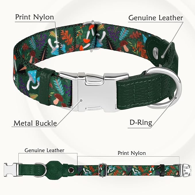 AirTag Dog Collar for Small Medium Large Breed - Adjustable Cute Pattern Dog Collar with Airtag Holder - Soft Leather Tracker GPS Apple Air Tag Pet Collars (X-Small, 9"-12" Neck Fit, Mushroom)