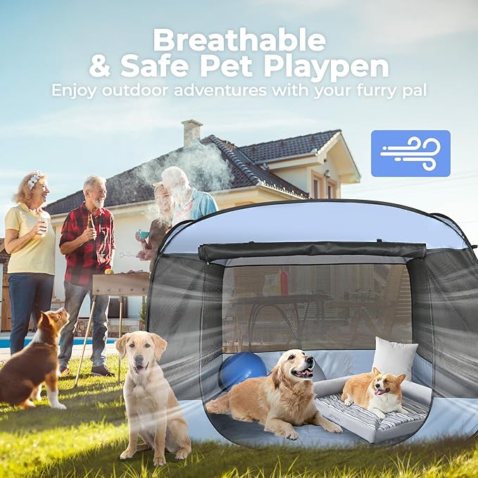 EighteenTek XLarge Popup Portable Dog Houses, 5.3'x4'H Assembly-Free Gazebo-Style Dog Cot Cat Playpen Screen Pet Tent Sun Shade Shelter Dog Bed with Canopy for Outdoor, Anti-Bugs with Leakproof Bottom