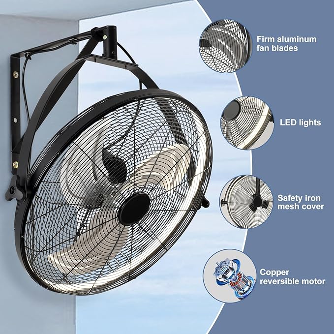 20 inch Wall Mount Fan with Lights and Remote,6-Speed Gazebo Ceiling Fan Adjustable Tilt Dimmable Wall Fan,High Velocity Industrial Outdoor Fans for Patio,Garage,Commercial,Black