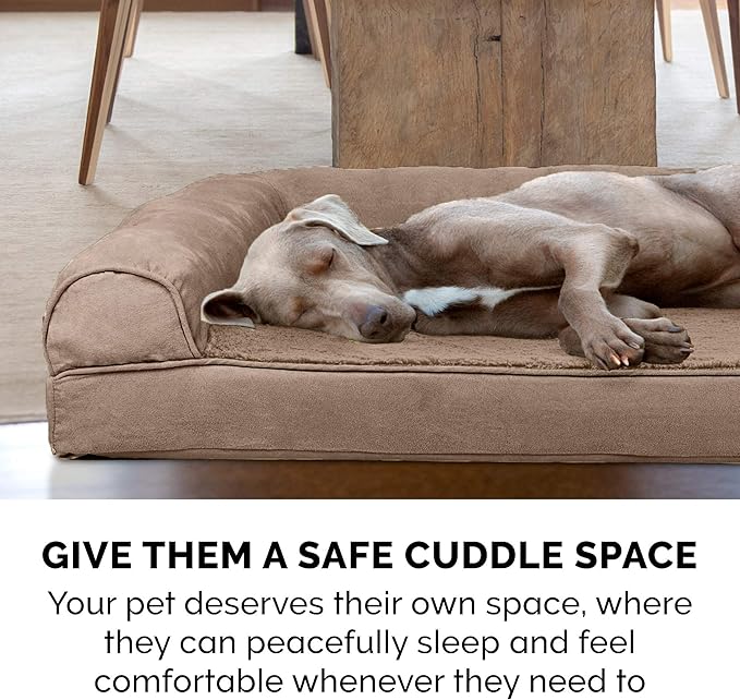 Furhaven Cooling Gel Dog Bed for Large Dogs w/ Removable Bolsters & Washable Cover, For Dogs Up to 125 lbs - Plush & Suede Sofa - Almondine, Jumbo Plus/XXL