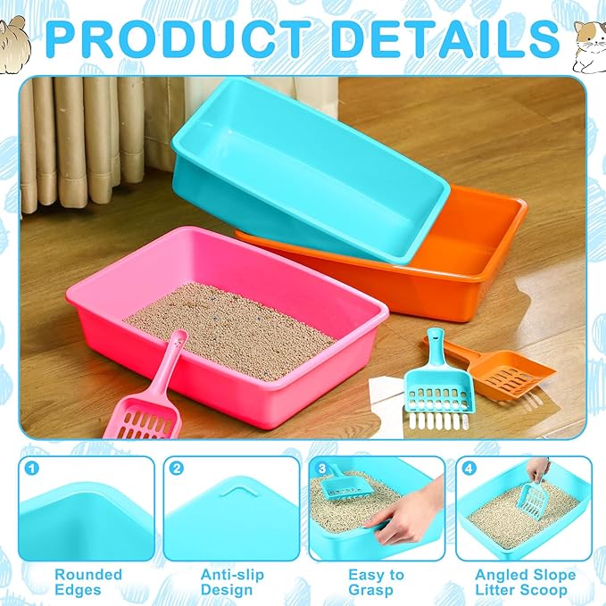 Amyhill 5 Pcs Open Cat Litter Box Kitten Litter Pan with 5 Scooper Medium Plastic Pet Tray Durable Nonstick Kitten Box for Indoor Pets Cats Rabbit Supply Easy to Clean, 14.6x10.6x3.4 Inch(Multicolor)