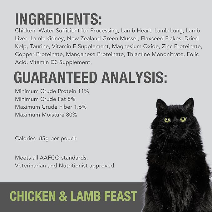 Feline Natural Wet Cat Food Pouch - Chicken & Lamb Feast, Grain-Free, Cage-Free & Grass-Fed, New Zealand Made, Single Serve Pate, 3oz, 12 Pack