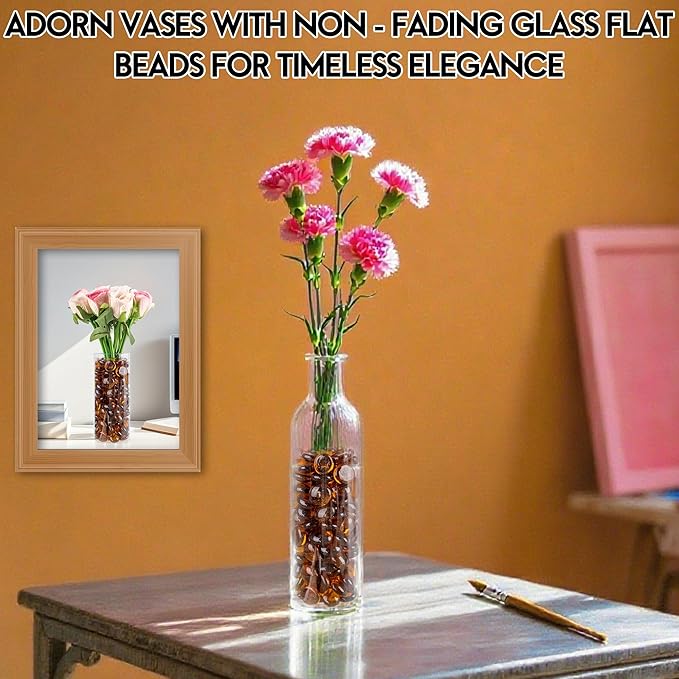 1LB Glass Marbles, Transparent and Smooth Flat Glass Beads for Vases, Mosaic Gem Pebbles for Aquarium Decor, Floral Arrangements, Mancala Stones, Vase Filler and Crafts, Brown