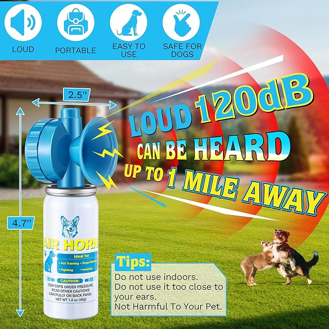 Air Horn, 1.4 oz 120 dB Loud Air Horns for Safety, for Coyotes and Aggressive Dog, Stops Attacking Fighting Barking Chasing, Effective Training Tool & Outdoor Safety Alarm, Blue(4 Pack)