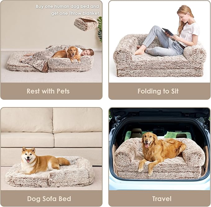 EHEYCIGA Foldable XXL Dog Bed, Faux Fur Fluffy Pet Couch Bed for Extra Large Dogs, Orthopedic Calming Memory Foam Pet Bed, Washable Soft Pet Sofa Bed with Non-Slip Bottom, Faded Brown, 54"x38"x7.5"