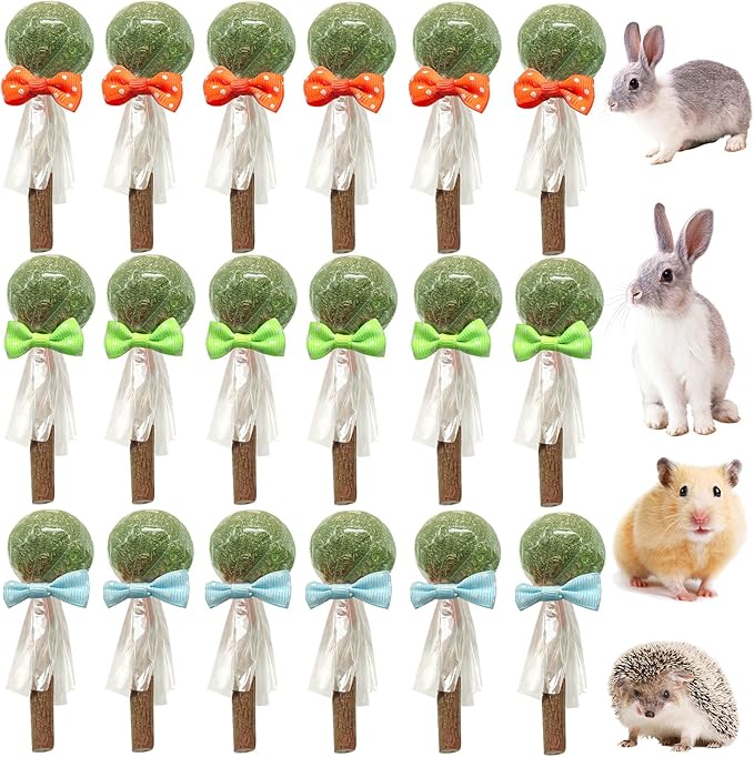 18-Pack Natural Alfalfa & Apple Wood Chew Lollipops for Small Pets - Healthy Dental Toys for Hamsters, Rabbits, Guinea Pigs, Chinchillas