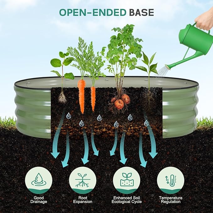 Galvanized Raised Garden Bed Outdoor - 4×2×1ft Planter Raised Beds for Gardening | Oval Metal Garden Planter Box with Safety Edging and Gloves for Vegetables Fruits and Flowers OliveGreen