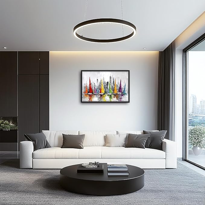 Framed Large Sailboat Wall Art for Living Room, Oversized Abstract City Wall Decor Colorful Sailboat Canvas Painting Pictures Modern Artwork for Living Room Bedroom Office Dinging Room 36"x24"