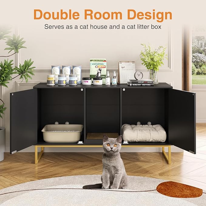 Litter Box Enclosure for 2 Cats, Fluted Hidden Cat Litter Box Furniture with Scratch Pad and Metal Legs, Modern Double Room Kitty House for Living Room, Washroom, 47.2”L x 17.7”W x 25.9”H, Black