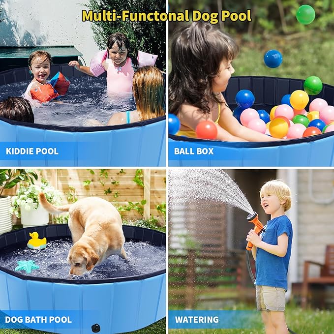 Foldable Dog Pool, 71" x 12" Large Kiddie Pool with Hard Plastic, Non-Slip Dog Bath Tub for Outdoor Backyard, Collapsible Dog Swimming Pool for Kids Dogs Pets (Blue)