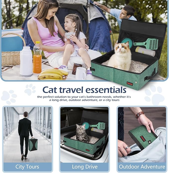 Portable Cat Travel Litter Box. Zipped Lid, Collapsible Litter Box for Cats. No Leakage, No Smell. Easy to Carry. Used for Hotels, Camping, Car (Green, M)