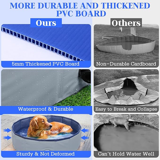 Foldable Dog Bath Swimming Pool Plastic Kiddie Pool Professional Tub Collapsible Grooming Bathtub for Pets Kids Baby and Toddler, 39.5 x 12 Inches Gray