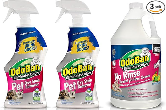OdoBan Pet Solutions Oxy Stain Remover, Made in the USA, 2-Pack, 32 Ounce Sprays Each, and Neutral pH Floor Cleaner Concentrate, 1 Gallon