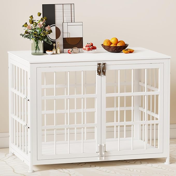 32 Inch Heavy Duty Wooden Dog Kennel End Table with Double Door Design and Secure Locks, Indoor Pet Crate Furniture for Medium Dogs, Decorative Home Cage Design,White