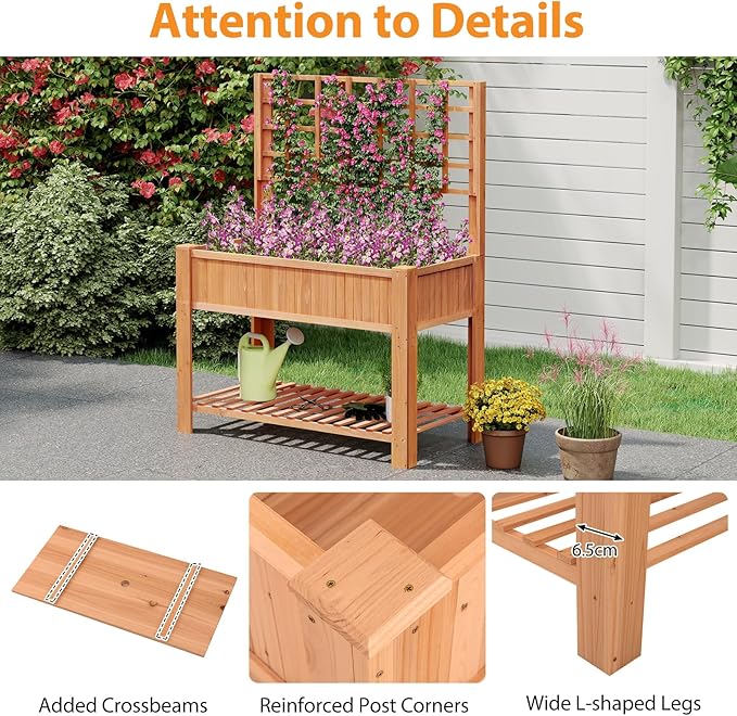 Giantex Raised Garden Bed with Trellis, Wooden Elevated Planter Box with Legs, Drainage Holes for Climbing Plants Vines Vegetables Flowers Herbs, Outdoor Horticulture Planter for Patio Yard (Brown)