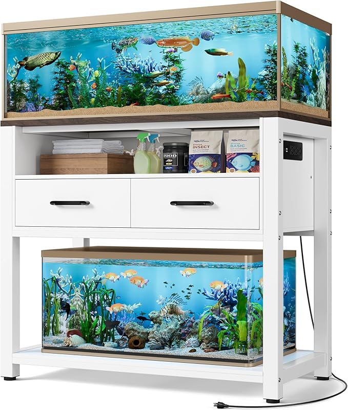 40-49 Gallon Fish Tank Stand with Two Storage Drawers, Heavy Duty Aquarium Stand with Waterproof Mat, Sturdy Metal Frame, 800 LBS Capacity Storage Cabinet, White