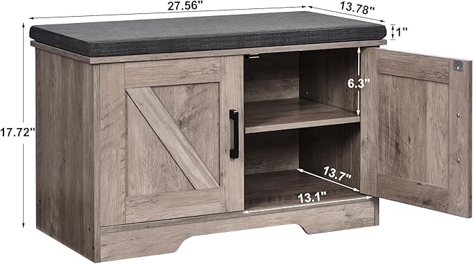 2-Tier Storage Bench, Shoe Bench with Padded Seat Cushion, Entryway Bench with 2 Barn Doors, Adjustable Shelf, 13.8" D x 27.6" W x 17.7" H, for Entryway, Living Room, Bedroom, Greige