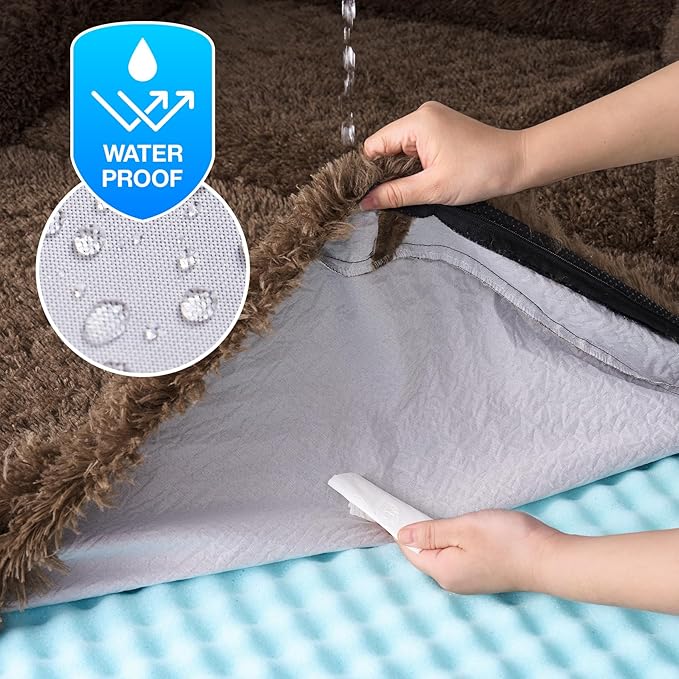 EHEYCIGA Foldable XXL Dog Bed, Faux Fur Fluffy Pet Couch Bed for Extra Large Dogs, Orthopedic Calming Memory Foam Big Pet Bed, Washable Soft Pet Sofa Bed with Non-Slip Bottom, Brown, 54"x38"x7.5"