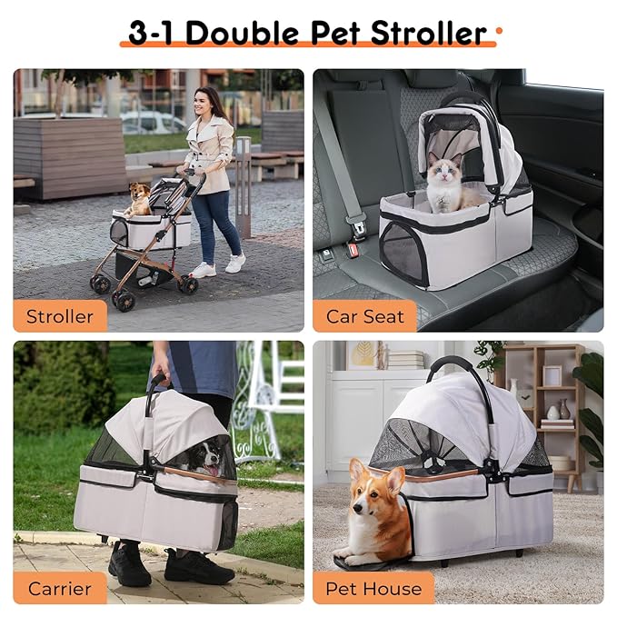3-in-1 Foldable Pet Stroller for Medium Dogs & Cats (50lbs) - Detachable Carrier, Car Seat, Storage Basket, 5" Lockable Wheels