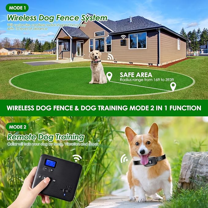 2 in 1 Wireless Dog Fence & Remote Training Collar, Pet Containment System with Adjustable Radius Range 16ft to 393ft, Waterproof & Rechargeable Training Collar Receivers for All Dogs (Black)