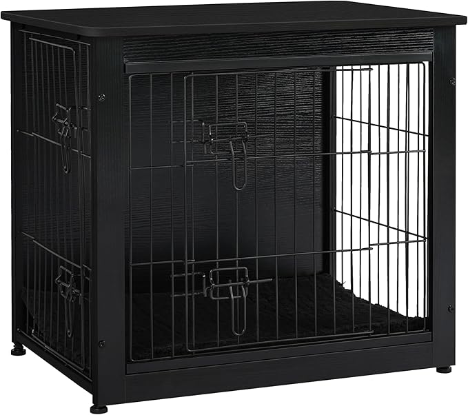 DWANTON Dog Crate Furniture with Cushion, Wooden Kennel Table with Double Doors, Indoor Dog House, Small/Medium/Large Size, 27.2" L, Black