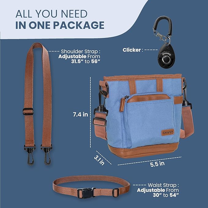 BEAU&FUR Large Dog Treat Pouch with Clicker for Training – 4 Cup Capacity, Built-in Poop Bag Dispenser, Expandable Pocket, Metal Buckle, Large Back Pocket, Ideal Design for Walks and Training – Blue