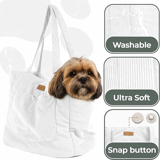 Corduroy Dog Carrier - Lightweight Cotton Soft-Sided Pet Tote with Safety Harness Clip - Breathable Travel Carrier for Small Dogs and Puppies (White)