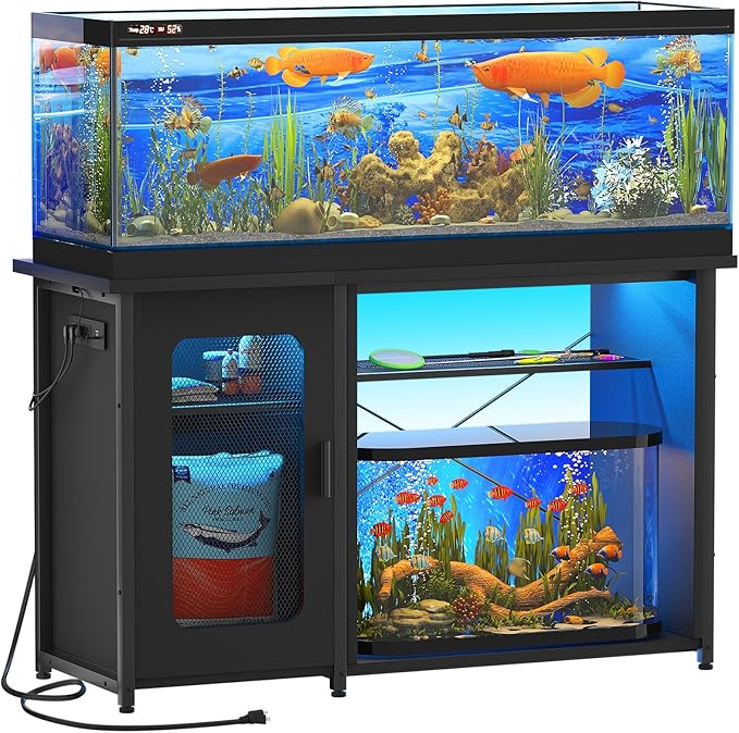 55-75 Gallon Fish Tank Stand with Power Outlets & LED Light, Reversible Heavy Duty Metal Aquarium Stand with Cabinet for Fish Tank Accessories Storage, Turtle/Reptile Terrariums, Black