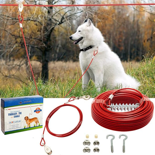 PUPTECK Outdoor Dog Run Cable for Small to Large Dogs up to 125lbs, Heavy Duty Tie Out Cable Trolley System with Runner Pulley Cable Zip Line for Yard, Camping, Long Lead Chain Leash