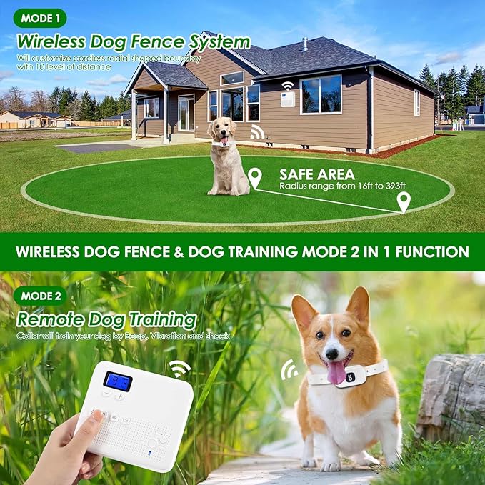 2 in 1 Wireless Dog Fence & Remote Training Collar, Pet Containment System with Adjustable Radius Range 16ft to 393ft, Waterproof & Rechargeable Training Collar Receivers for All Dogs (White)