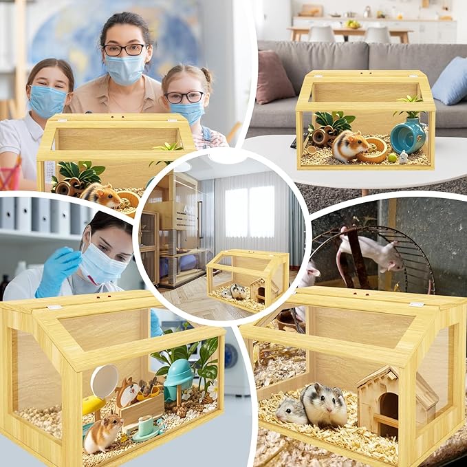 24" Wooden Hamster Cage, Chewproof Gerbil Cages and Habitats, Openable Top Roof Window with Silencing Pad, Guinea Pig Cage for Small Animals, Dwarf and Syrian Hamster, 24 x 16 x 16 Inches