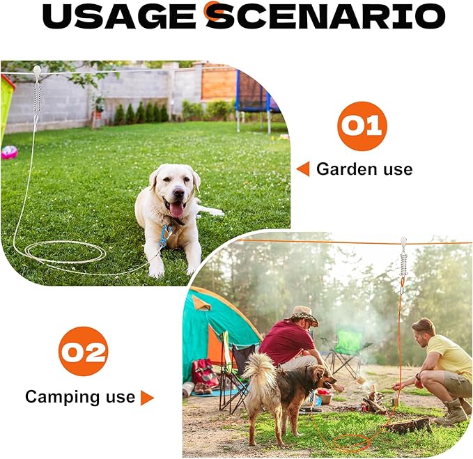 50ft Dog Runner for Yard Large Dog Heavy Duty with Double Shock Absorbers Tangle-Free Aerial Trolley System for Large Dogs Up to 250lbs(Orange)