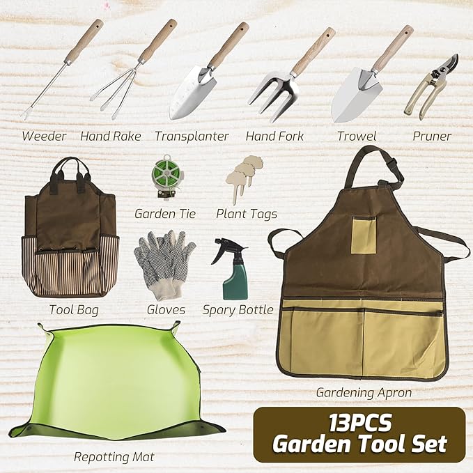 13-Piece Garden Tools Set with Tote Bag & Apron, Repotting Mat - Stainless Steel Heavy Duty Planting Kit, Ergonomic Non-Slip Handles - Gardening Gift for Women, Mom, Home Gardeners