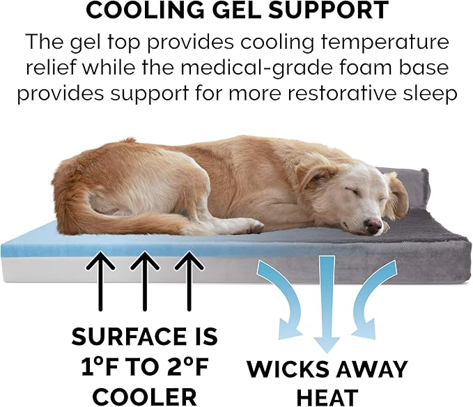 Furhaven Cooling Gel Dog Bed for Medium/Small Dogs w/ Removable Bolsters & Washable Cover, For Dogs Up to 35 lbs - Plush & Velvet L Shaped Chaise - Platinum Gray, Medium
