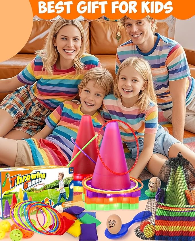 Eocolz 49PCS Carnival Games Outdoor Combo Set for Kids with LED Light, Plastic Cones Obstacle Course Bean Bags Balls Ring Toss Game Egg and Spoon Race Lawn Game, Gift for Birthday Party/Xmas/Easter