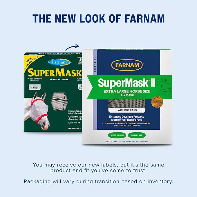 Farnam SuperMask II Fly Mask Without Ears for Larger Horses, Full Face Coverage and Eye Protection from Insect Pests, Structured Classic Styling Mesh with Plush Trim, XL Size