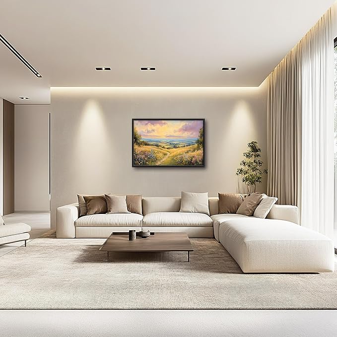 Framed Large Rustic Wall Art for Living Room, Oversized Farmhouse Countryside Nature Landscape Wall Decor Wildflower Field Canvas Painting Floral Pictures Modern Artwork for Bedroom Office 36"x24"