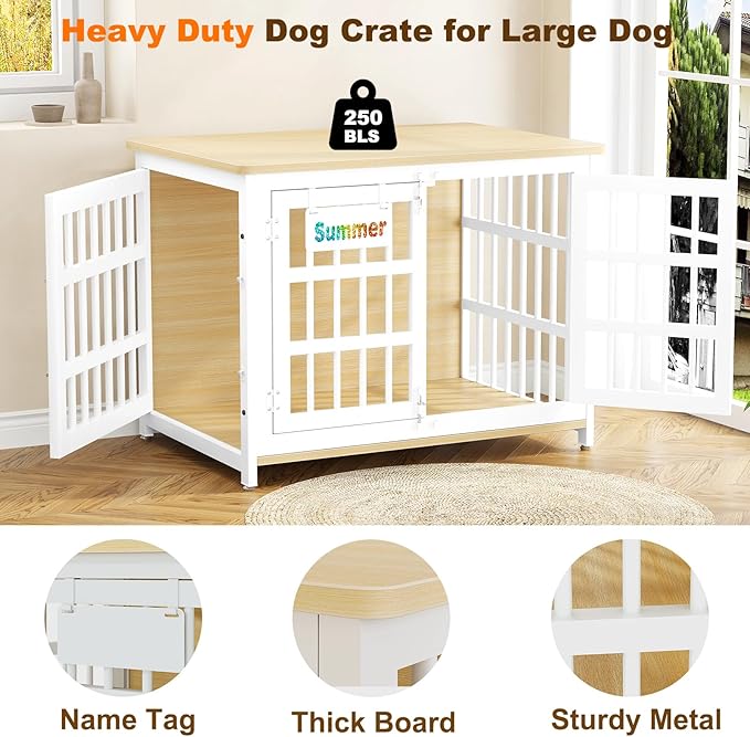 EasyCom 33" Dog Crate Furniture with Name Tag, Heavy Duty Dog Kennel Indoor for Medium and Small Dogs, Double-Doors Sturdy Metal Dog Cage, Decorate House as TV Stand, End Table, Bedside Table