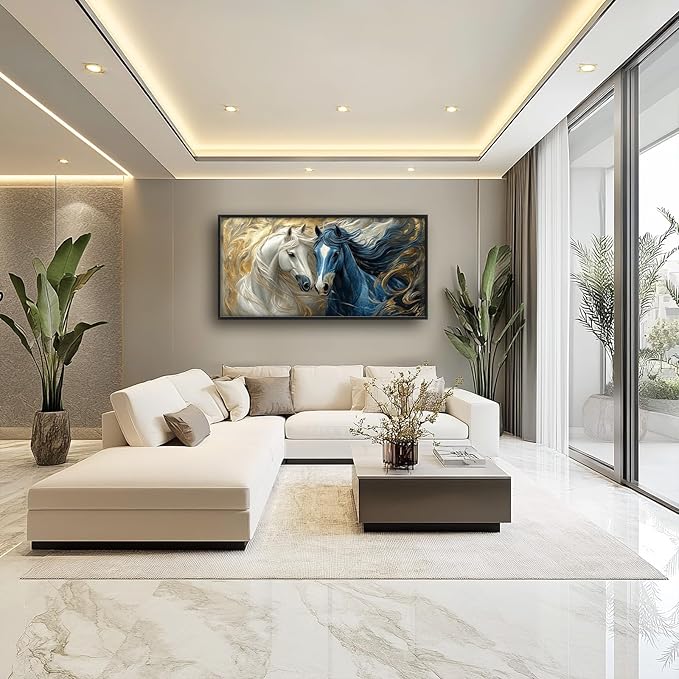 Framed Large Horse Wall Art for Living Room, Oversized Abstract Horses Wall Decor Blue and Golden Canvas Painting Animal Pictures Modern Artwork for Living Room Bedroom Office 60"x30"