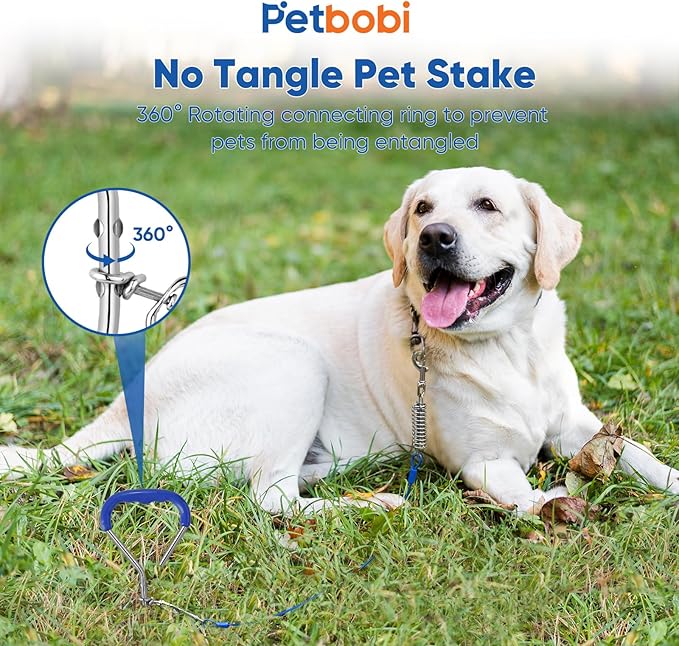 Petbobi Dog Tie Out Stake - 16″ Heavy Duty Dog Anchor for Yard Camping, 9mm Solid Steel, Soft Grip Handle Spiral Stake with No Tangle Connect Ring for Small to Large Pets Up to 120lbs, Blue/1pc
