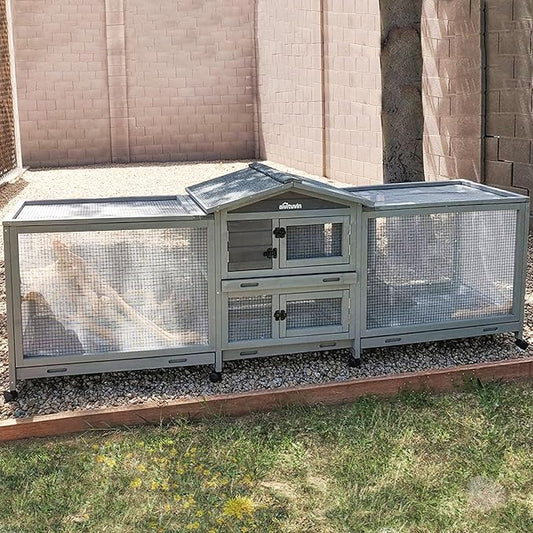 Aivituvin Rabbit Hutch Large 2-Story Bunny Cage Indoor Outdoor on Wheels Bunny House with Run,Pull-Out Tray
