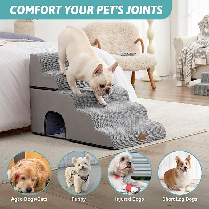 Extra Wide Dog Stairs with Tunnel, Detachable Large Pet Step for Small Medium Dog, Puppy or Cat, Ramp for High Bed, Couch, Sofa or Car, Stable, 19.7x33x22.4 inch, 5 Step, Grey