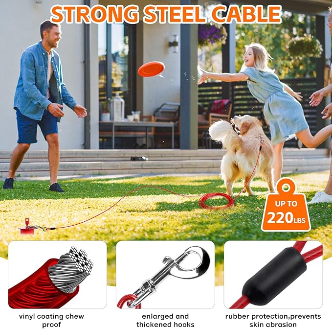 Snagle Paw Dog Tie Out Cable & Stake with Lock Cap - 20ft Heavy Duty Rust Proof Cable, 360° Swivel Dog Yard Leash & Stake Up to 220 lbs - Ground Anchor for Yard, Beach, Camping & Outdoor Use