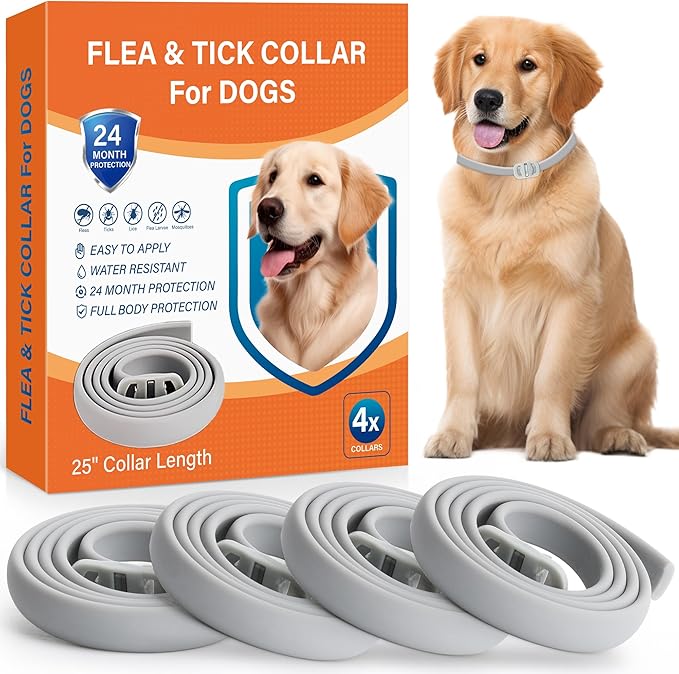4 Pack Flea and Tick Collar for Dogs - 25" Adjustable Collar Fits Dogs, Long-Lasting 24-Month Protection for Small, Medium, and Large Dog – Waterproof Flea Tick Prevention